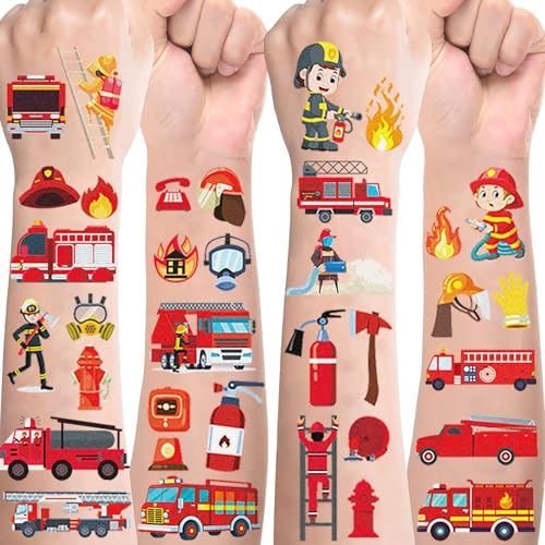 Feuerwehr Tattoos für Kinder,10 Blätter Kindertattoos Hautfreundlich Feuerwehrmann Tattoo Kinder Jungen Cartoon Feuerwehrauto Sticker,Mitgebsel Kindergeburtstag Geschenke Party Deko Feuerwehrfest Deko