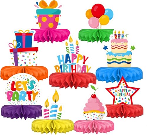 Calkkrer 9 Stück Bunte Happy Birthday Tischdeko, Waben Tischdekoration Party Deko, Geburtstag Tischaufsätze, Zuckerbienen Deko, Tisch Ornament für Geburtstag Party
