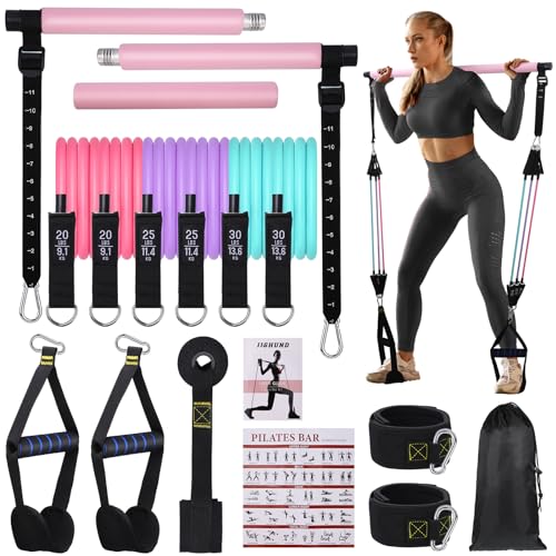 Pilates Bar Set mit 6 Widerstandsbänder, Verstellbare Resistance Bands für Frauen und Mann, Fitnessbänder für Home Gym Yoga, Pilates,Stretch, Krafttraining Fitness