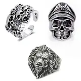 Lithyc 3er-Pack Totenkopf-Herrenringe, Totenkopf Ring, Ringe Herren, Totenkopf Schmuck,Verstellbare Ringe, Hip-Hop-Halloween-Biker-Ringe