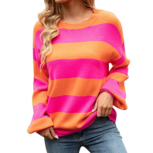 Strickpullover Damen Sommer - Damen Casual Langarm Farbblock Streifen Strickpullover Leichter Pullover Top Damen Pulli Sportlich