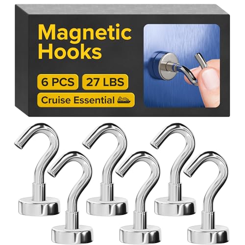 X-BET MAGNET Magnethaken – 6 Stück, 12,2 kg, schlankes Silber, super starke Neodym-Haken zum sicheren Aufhängen, ideal für Kreuzfahrtkabinen, Küchen, Garagen und im Freien – langlebiges