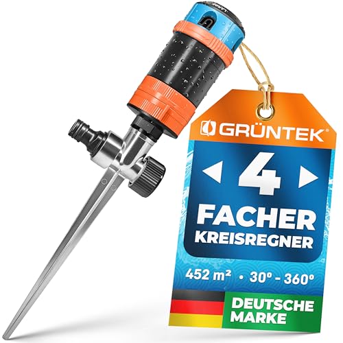 GRÜNTEK 4-facher Multifunktions-Kreisregner bis 452 qm. Großflächiger Sprinkler Rasensprenger mit Sektoreinstellung 30°- 360° optimale Gartenbewässerung Regner