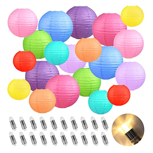 Encham 20 Stück Bunte Papierlaternen Lampions Papier Laterne mit 20 Stück Ballonlichter Warmweiß Lampenschirm für Feiertagen Hochzeit Party Geburtstage Gartenparty Babyparty Deko Innen und Außen