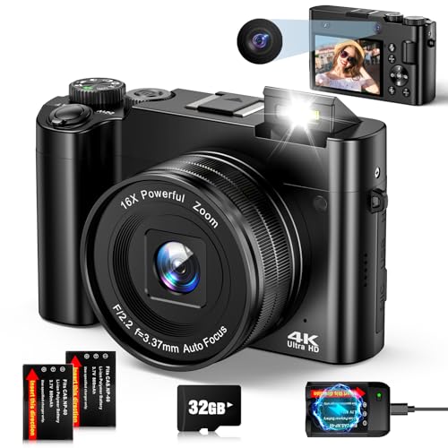 Digitalkamera 4K Fotokamera Autofocus Digitalkamera mit Dual-Kameras, 16X Zoom, Anti-Shake, 64MP Kompaktkamera mit 32GB Karte, 2 Akkus, Blitz für Jugendliche, Einsteige (Schwarz)