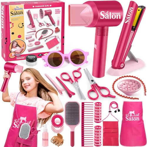 Vamei Friseur Set Kinder Frisierkopf Kit Haartrockner Glätteisen Haarbürste Schürze und Haarstyling Zubehör Rollenspiel Kinderschminke Spielzeug Geburtstag Geschenk für Mädchen ab 3 4 5 6 7 8 9 Jahre