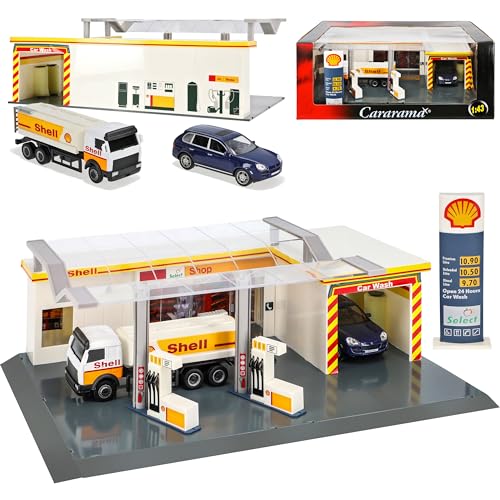Cararama Tankstelle mit Waschanlage, Tanker und Porsche Cayenne 33x 22 cm 1/43 Modell Auto
