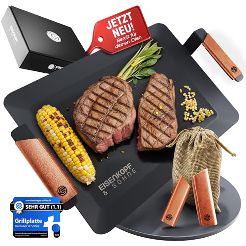 EISENKOPF & SÖHNE Grillplatte Carbonstahl 4mm dick | Plancha, Teppanyaki [44 x 26 cm] [MIT LEDERGRIFFEN] ovenready, für Induktion, Ceran, Feuer & Gas (44x26 cm ovenready)