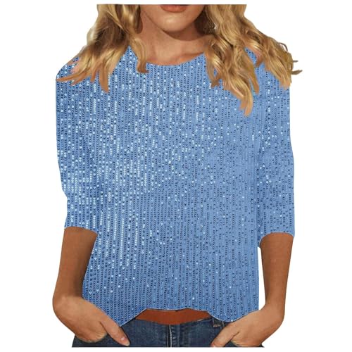 Angebote Pailletten Oberteil Shirt Damen 3/4 Ärmel Tunika Tops Rundhals Lässig T-Shirt Elegant Glitzer Bluse Shirt Festlich Party Sommershirt Baumwolle Bequem Longshirt