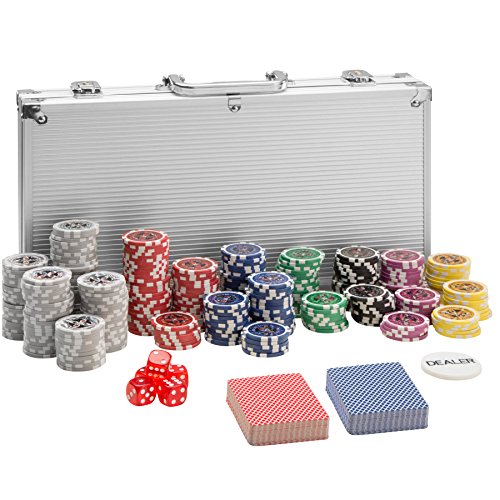 tectake 402557 Pokerkoffer Pokerset mit Laser Pokerchips im Alu Koffer, 300 Chips, inkl. 2 Kartendecks + 5 Würfel + 1 Dealer Button, Silber