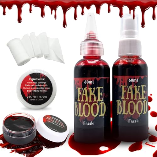 Pardofelis Halloween Kunstblut Set, Kunstblut für Kleidung SFX Makeup, Blutspray Spritzer Kunstblut Dickflüssig Fake Blut Verbandstoff für Halloween Vampir Zombie Makeup