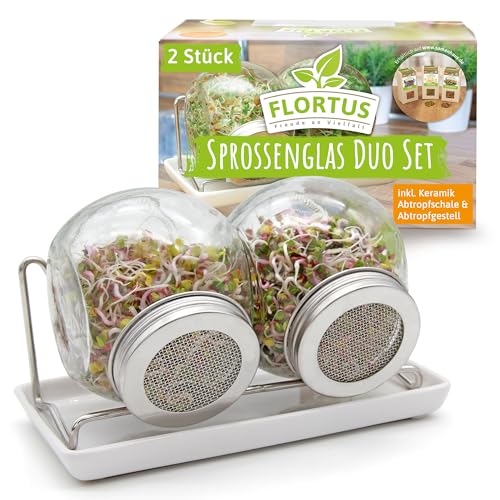 FLORTUS – Sprossenglas 2er Set mit rostfreien Edelstahldeckeln, Abtropfschale & Halterung – 2x 425ml Keimglas zum Sprossen ziehen – Sprossen Anzuchtset für schmackhafte und frische Keimsprossen