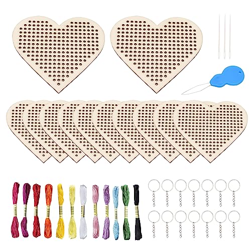 CYUaoao Sticken Kinder Anfänger 12 Stücke Kreuzstich Set Mit Schlüsselring-Kits, DIY Herz Holz Schlüsselanhänger für Anfänger und Kinder, Hause Weihnachten Dekorationen