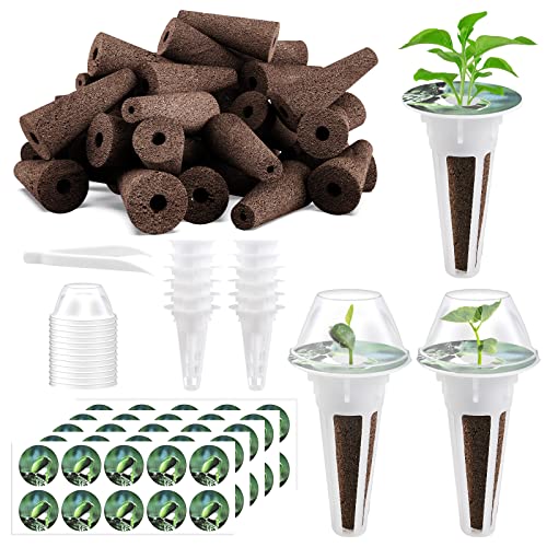 Cieex 125 Stück Wachstumsschwämme, 50stk Ersatz Zuchtschwämme, Hydroponics Garten Zubehör für Start System mit 50 Etiketten, 12 Isolierenden Deckeln, 12 Pflanzenkorb, 1 Pinzette