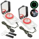 2 Stück Kompass Outdoor, Multifunktion Kompass Kinder mit 2 Notfallpfeife, Navigation Kompass mit Spiegel und Kartenlineal Fluoreszierendem Design für Camping Wanderung und Andere Outdoor Aktivitäten