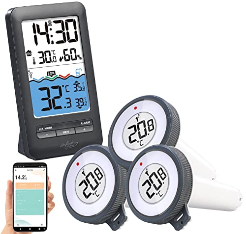 infactory Funk Poolthermometer: Smartes WLAN-Teich- & Poolthermometer mit 3 Sensoren, App, IP67 (Pooltermometer, Thermometer Pool, iPhone wasserdicht)