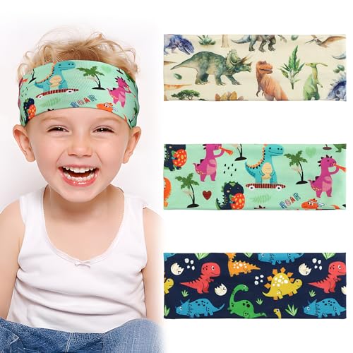 BETESSIN 3 Stück Haarband Jungs Dinosaurier Kinder Stirnband Jungen Sport Haarbänder Elastisches Kopfband Mädchen Breite Sportstirnband Headband für Schule Sport Freizeit in 3 Stilen