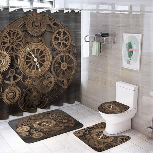 peiyeety 4-teiliges Badezimmer-Duschvorhang-Set mit 12 Haken, Badematte, Toilettendeckel, Steampunk-Zahnräder, Uhr-Dekor-Set