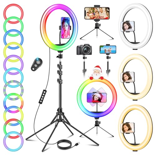 11.5 Zoll Ringlicht mit Stativ Handy, Tisch LED Ring Light Kamera Handystativhalter mit Ringleuchte für YouTube, Selfie, Makeup, Fotografie, 40 RGB-Modi 13 Helligkeit