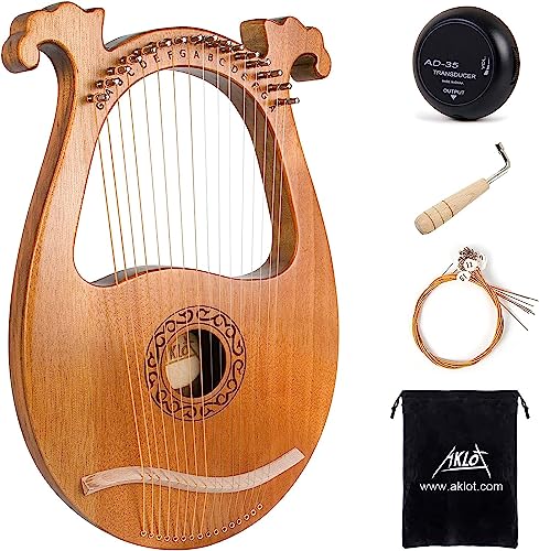 AKLOT Lyre Harp 16 Metal Strings Knochensattel Okoume Lye Harfen mit Stimmschlüssel Pick Up und Black Gig Bag