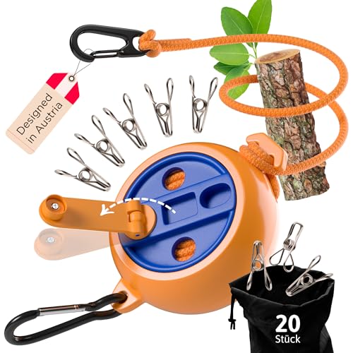 AUTDOOR® Wäscheleine ausziehbar - mit ausklappbarer Handkurbel für müheloses Aufrollen - Robuste 10m Reisewäscheleine für Camping, Wohnmobil & Balkon (Orange)