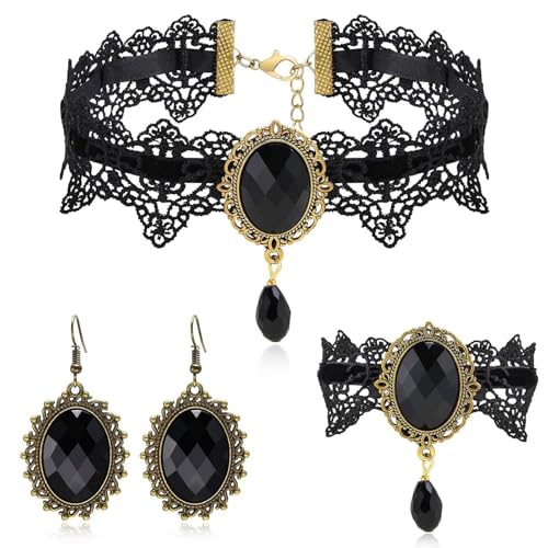 Moguri Gothic Schmuckset für Damen, 3-teiliges Halsketten-Set mit Ohrringen und Armband, Halloween Vintage Zubehör, Trachtenkette, Vampir Look, Wiesn Accessoires, Dirndl Schmuck für Oktoberfest