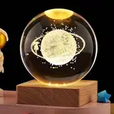 Kytpyi Nachtlicht, Mondlampe, 3D Gravierte Kristallkugel Nachtlicht Kinder Erwachsene mit LED 1 Holzsockel 1 Geschenkbox, Kreativ Transparent Leuchtend Glaskugel für Geschenk Dekoration (Planet)