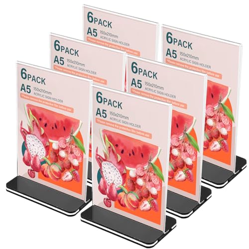 WIYETY 6er Set A5 Acryl Tischaufsteller (21x15cm) - Hochtransparenter L-Ständer für Menükarten, Flyer & Werbung - Stabiler Präsentationsständer für Büro, Café, Restaurant