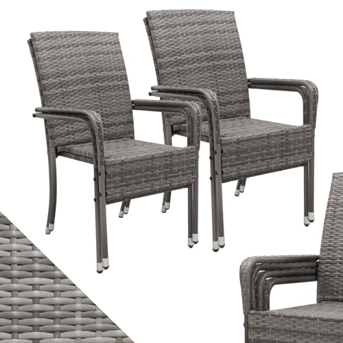 Juskys Polyrattan Gartenstühle Yoro 4er Set mit Armlehnen & Rückenlehne - 4 Stühle stapelbar - Rattan Stuhl Garten - Stapelstuhl Grau-meliert