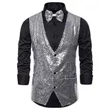 Anzugweste für Herren Glitzer Weste mit Fliege Set Ärmellos Anzugwesten V-Ausschnitt Blazer Pailletten Sakko Glänzende Herrenjacke Anzug Westen Karneval Kostüm für Hochzeit Party Festlich Disco Outfit