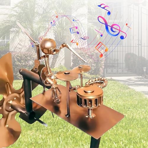 Handmade Metal Drummer Windmill, 50 cm Schlagzeuger Windspiel Skulptur, handgefertigte Metall Percussionist Musik Windmühle Statue für Garten, Terrasse und Außenbereich