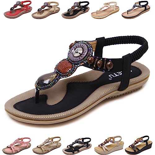 QJJQ Sandalen Damen Sommer Elegant Bequem Flip Flops Bohemian Flach Freizeit Zehentrenner mit Strass, Schwarz, 38 EU