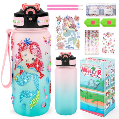 MOMSIV Handwerk Geschenke für Mädchen 5 6 7 8 9 10 Jahre, Kinder DIY Trinkflasche Set Spielzeug mit Glitter Diamant Meerjungfrauen Malerei Aufkleber, Wasserflasche Kits für Kindergeburtstag Geschenk