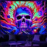 Alishomtll Schwarzlicht Schädel UV Wandteppich, Fluoreszierende Schädel Flamme Wandtuch, Wandteppich Schlafzimmer Wohnheim Wohnzimmer Ästhetische Dekorative Wandbehang 210x150cm