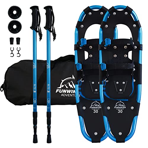 FunWater 3 in 1 Leichte Schneeschuhe für Herren Damen Aluminium Schneeschuh mit Größenverstellbar Trekking Stöcken, Bergausrüstung Wandern auf Schnee, rutschfest Schneeschuh Set 30'' Blau