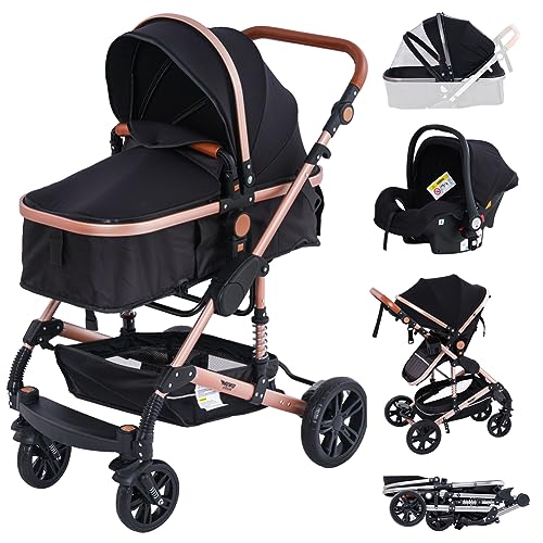 MUWO 3 in 1 Kinderwagen Komplettset inkl. Babywanne, Buggy Sportsitz, Auto Babyschale mit Regenschutz und Moskitonetz, zusammenklappbar (Schwarz)