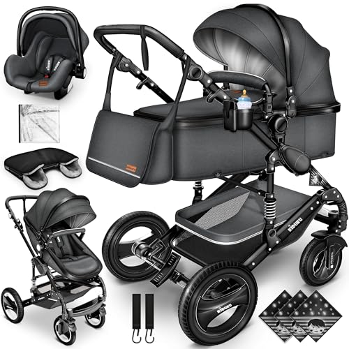 KIDUKU® 3 in 1 Kinderwagen Komplettset | Kombikinderwagen Set inkl. Babywanne & Buggy Sportsitz & Auto-Babyschale Fußsack | Vollgummireifen Wickeltasche Handwärmer Tragekorb Regenschutz Kindertisch