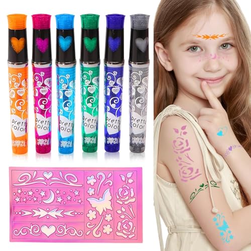 6 Stück Glitzer Tattoo Set, Tattoo Stifte, Tattoo Stifte mit Aufkleber Schablone, Perfekt für Mädchen und Jungen, Geburtstagsfeiern, Karneval und Weihnachten
