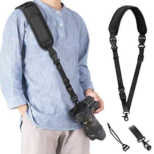 KTUEOV Kameragurt, Schnellverschluß Kamera Schultergurt Nylon Schwarz mit Sicherheits Tether 1/4 Zoll Schrauben und 2 Tasche, Verstellbaren Kamera Tragegurt Schnell für DSLR SLR, Traggewicht 10kg