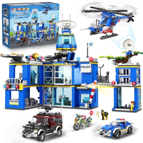 HOGOKIDS City Polizeistation Bauspielzeugset mit Hubschrauber Motorrad Polizeiauto Banditen Auto - 1260 Stück Polizei Bausteine Spielzeug, STEM Geschenk für Kinder Jungen Mädchen Alter 8 9 10 11 12+