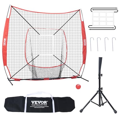 VEVOR 244 x 106 x 211 cm Baseball-Softball-Übungsnetz, tragbares Baseball-Trainingsnetz, Schlagen, Fangen, Pitchen, Backstop-Baseballausrüstung mit Bogenrahmen, Tragetasche, Schlagzone, Rotem Ball.