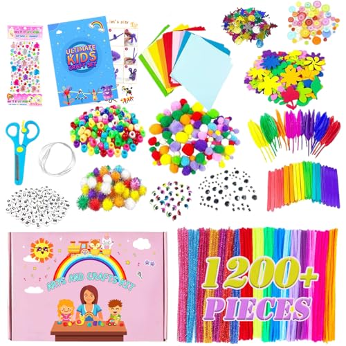 Kunsthandwerksmaterialien für Kinder, Kinder Kunsthandwerksmaterialien Set - Pädagogische Künste Strohhalm Poms Buttons Kit - Kreative handgefertigte Spielzeuge setzen Bastelmittel für Zuhause, Schule