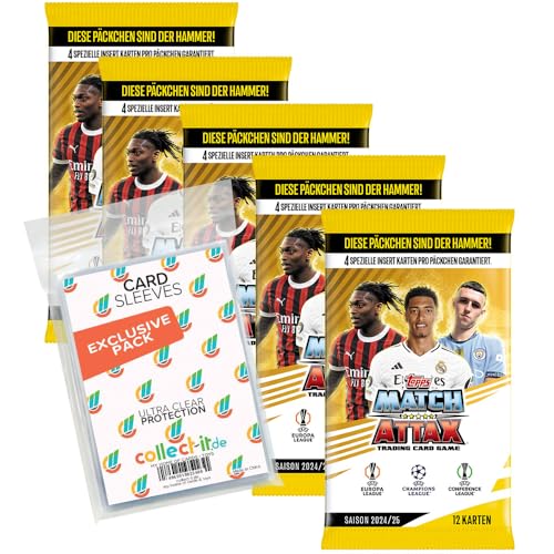 Bundle mit Match Attax Champions League 2024/25 - Trading Cards - 5 Booster + Exklusive Collect-it Hüllen