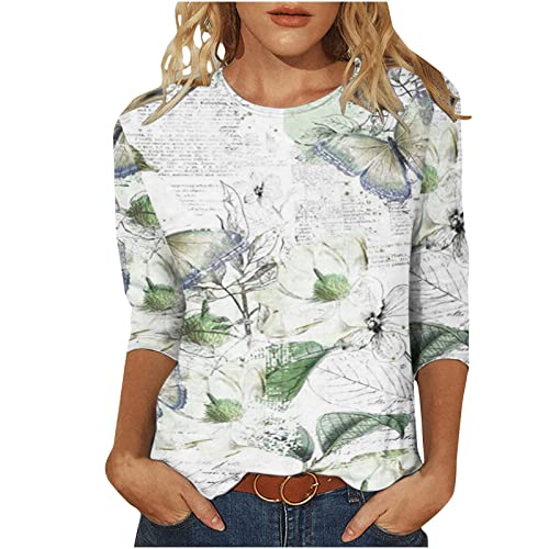 Awrvia Oberteile Damen Elegant T Shirt 3/4 Arm Bluse Temperament Tops Druck Tunika Shirt Lose Rundhals Sommershirts Mode Stretch Damenblusen Übergröße Angebote des Tages Heute blitzangebote