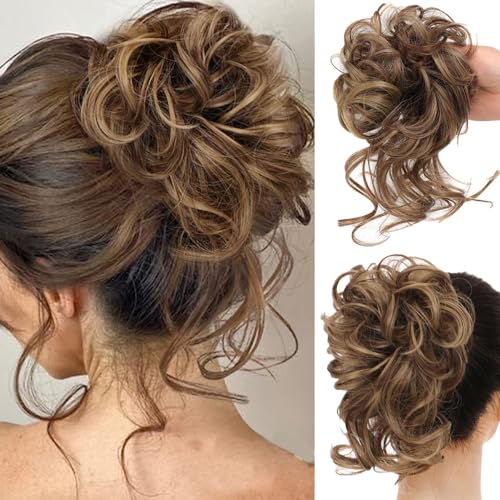 RPAEOY 2 Stück Haarteil mit Gummiband Groß Dutt Haarteil Haargummi mit Haaren Gelockt Haardutt Synthetisch Haarverlängerung Pferdeschwanz Messy Bun Haarteile für Damen Mädchen (Dunkelbraun)