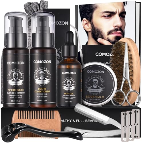 Bartroller,Bartpflege Set Mit Bart Roller Bartwuchsmittel Männer Comozon Bartroller Beard Growth Kit Mit Bartshampoo Bartöl Bartbalsam Rasiermesser Bartbürste Bartkamm Bartschere