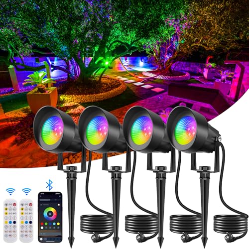 NATPOW Gartenbeleuchtung mit Strom RGB, 4 Stück LED Gartenbeleuchtung RGB Smart, Gartenleuchte LED mit APP und Fernbedienung, IP65 Wasserdichte Gartenstrahler mit Erdspieß für Garten, Terrasse, Wegen