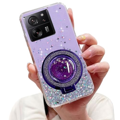 Tivenfezk Nadoli Sparkle Treibsand Ständer Hülle für Xiaomi 13T/13T Pro,Versteckt Ständer Ring Klar Glitzer Stern Handyhülle Durchsichtig Bling Schutzhülle Case Cover,Lila