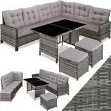 tectake Polyrattan Lounge Set, Gartenmöbel Set mit Sofa, Hocker + Tisch, Balkon Möbel Outdoor, 5-teilige Sitzgruppe, inkl. Sitz- & Rückenkissen, ideal für Garten, Terrasse, Balkon - grau