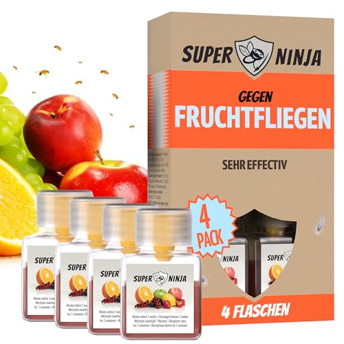 Super Ninja Fruchtfliegenfalle - Spar Pack - 4 Fallen - Hochwirksame Ökologische Fruchtfliegenfalle für Küche und Innenraum - Obstfliegenfalle - Bis zu 3 Wochen